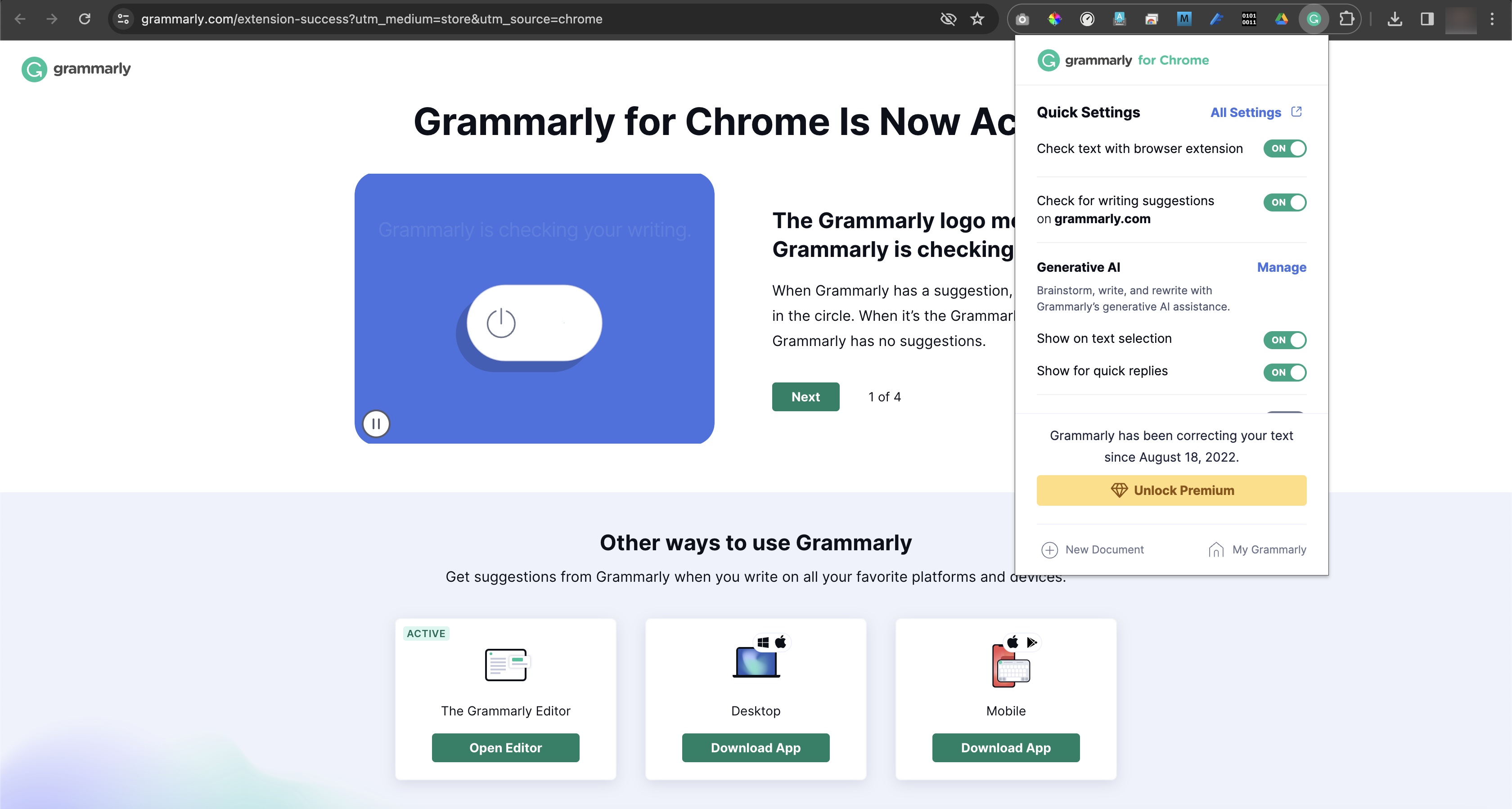 Figure 8: Grammarly Extension Manage Pop-up Screen