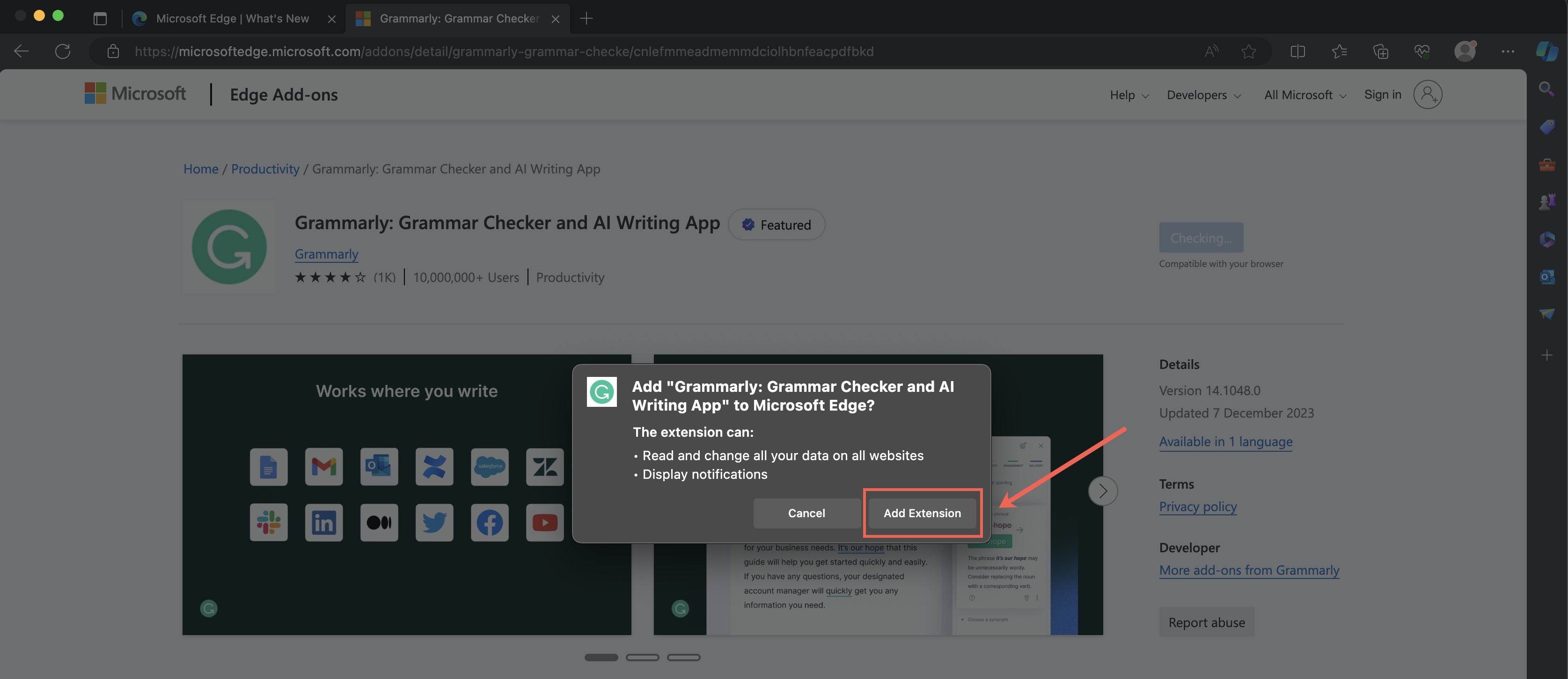 Figure 6: Edge Grammarly Extension Dashboard Screen