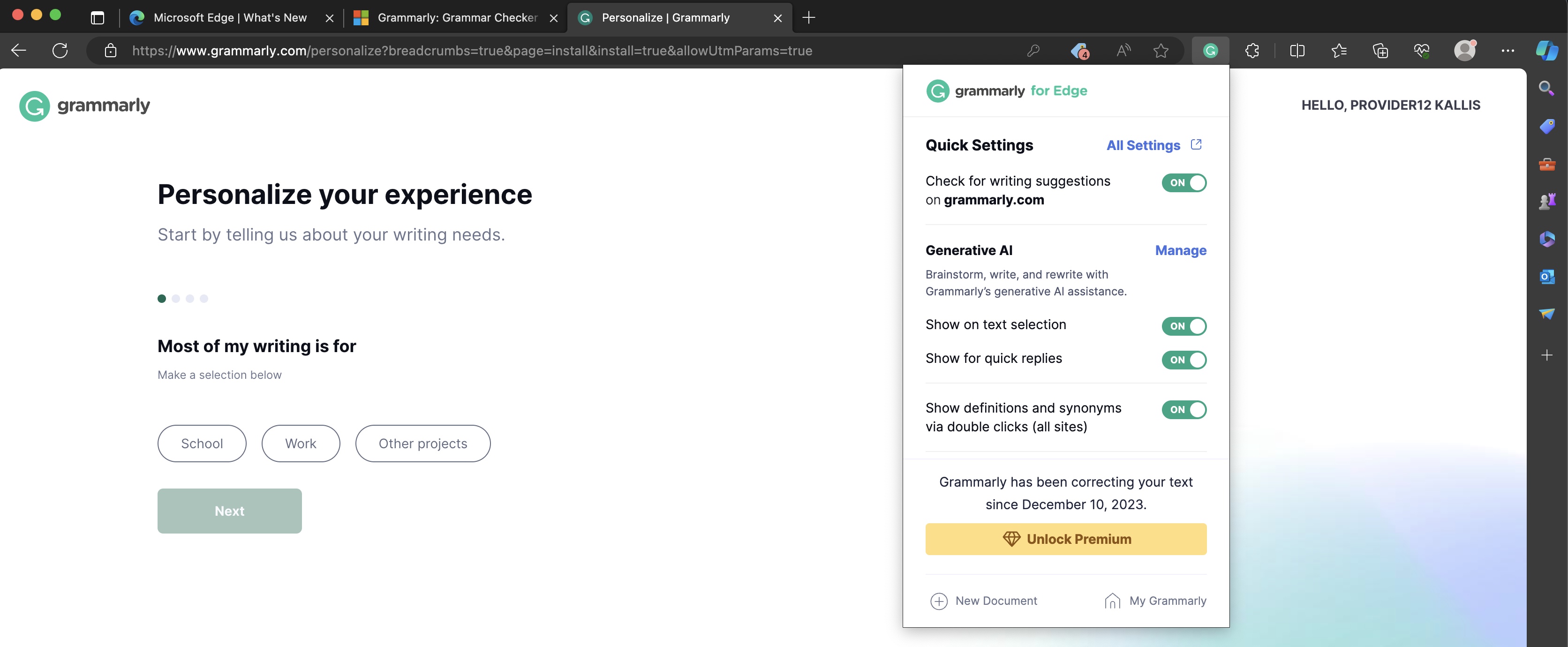 Figure 8: Edge Grammarly Extension Dashboard Screen