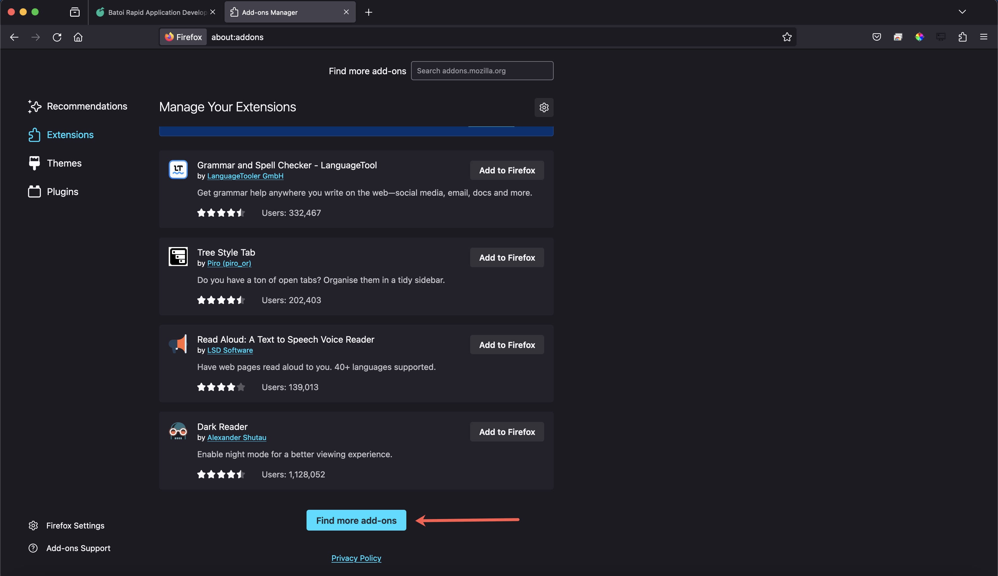 Figure 2: Firefox Extension Dashboard Screen