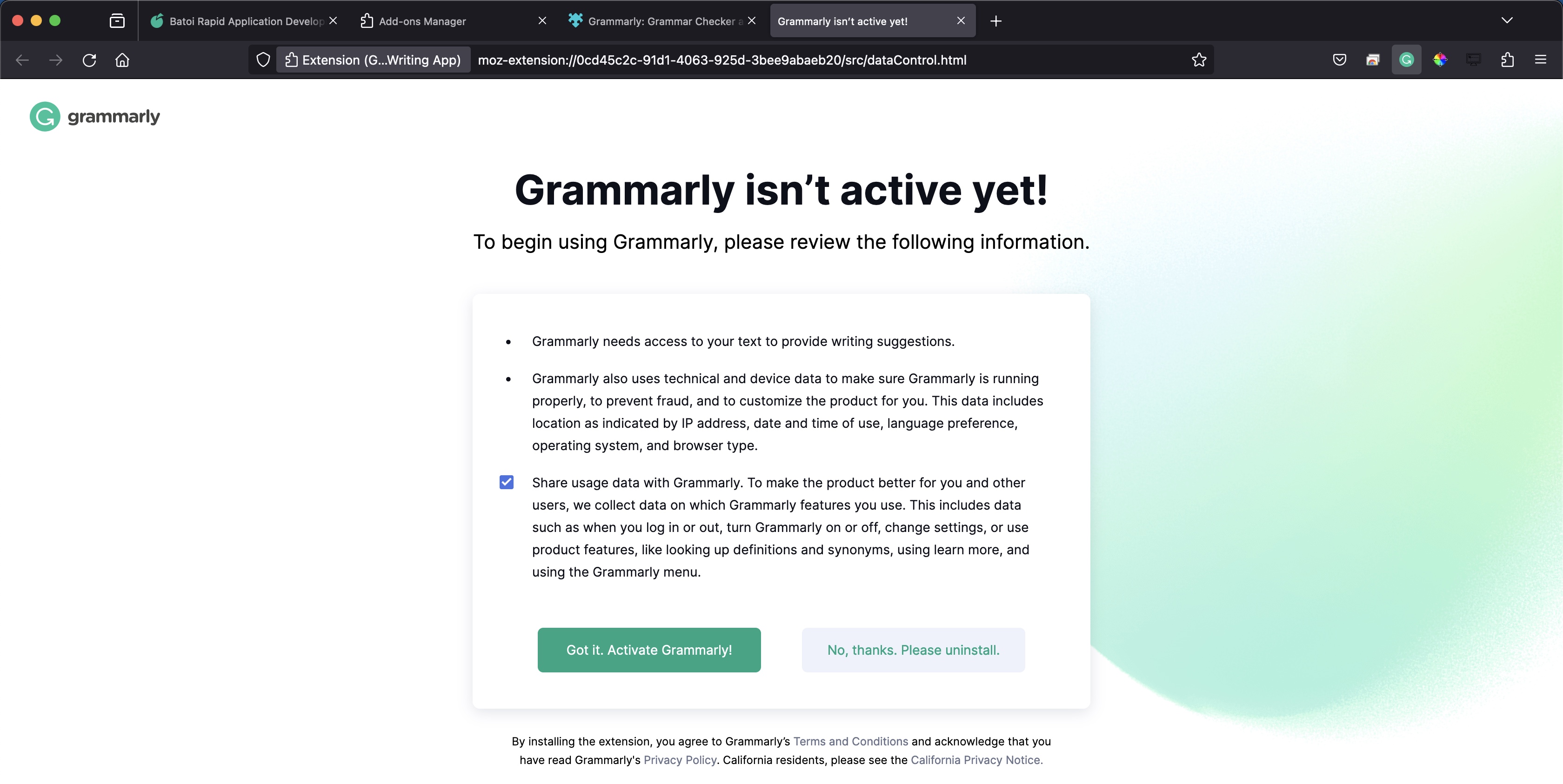 Figure 7: Firefox Grammarly Extension Activation Screen