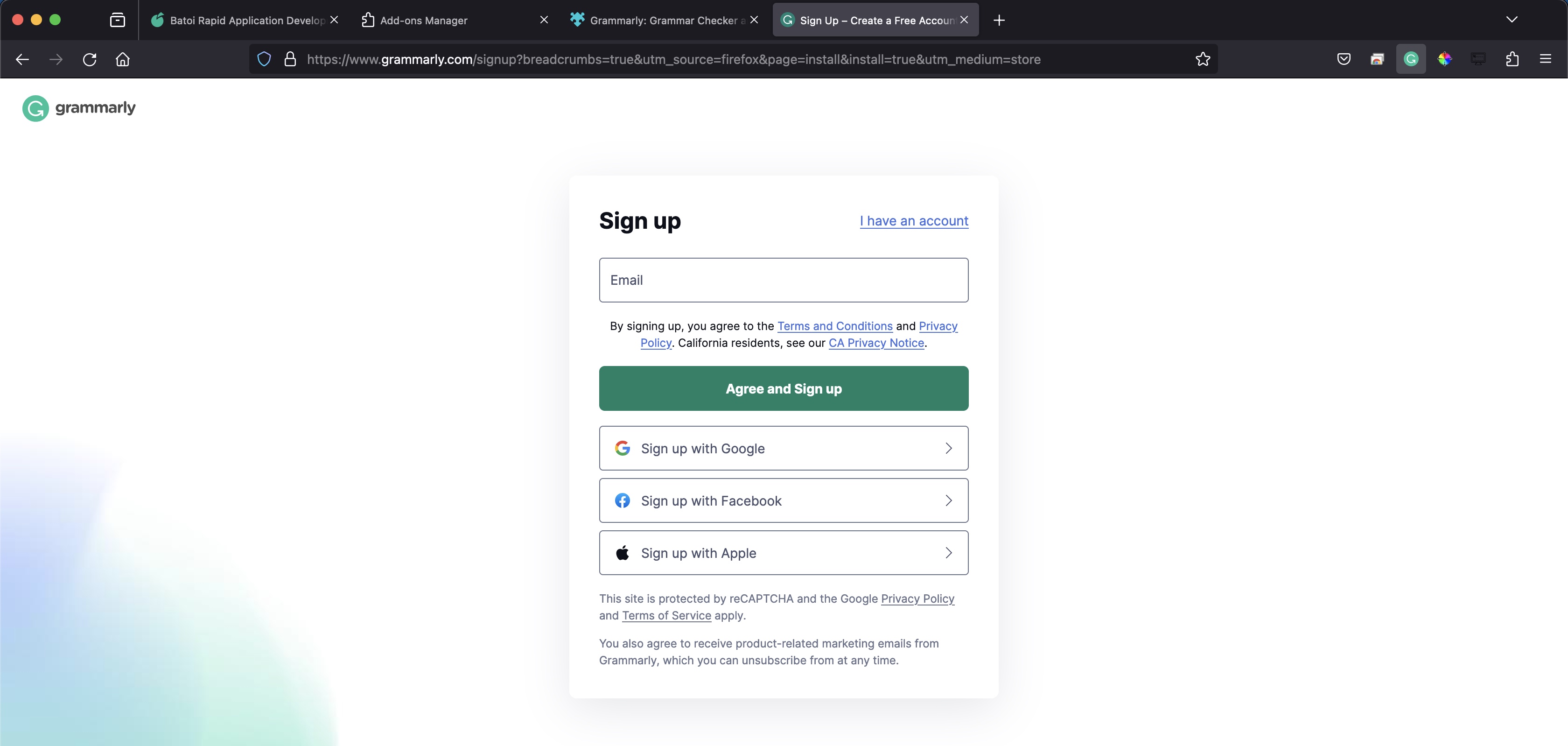 Figure 8: Firefox Grammarly Extension Activation Screen