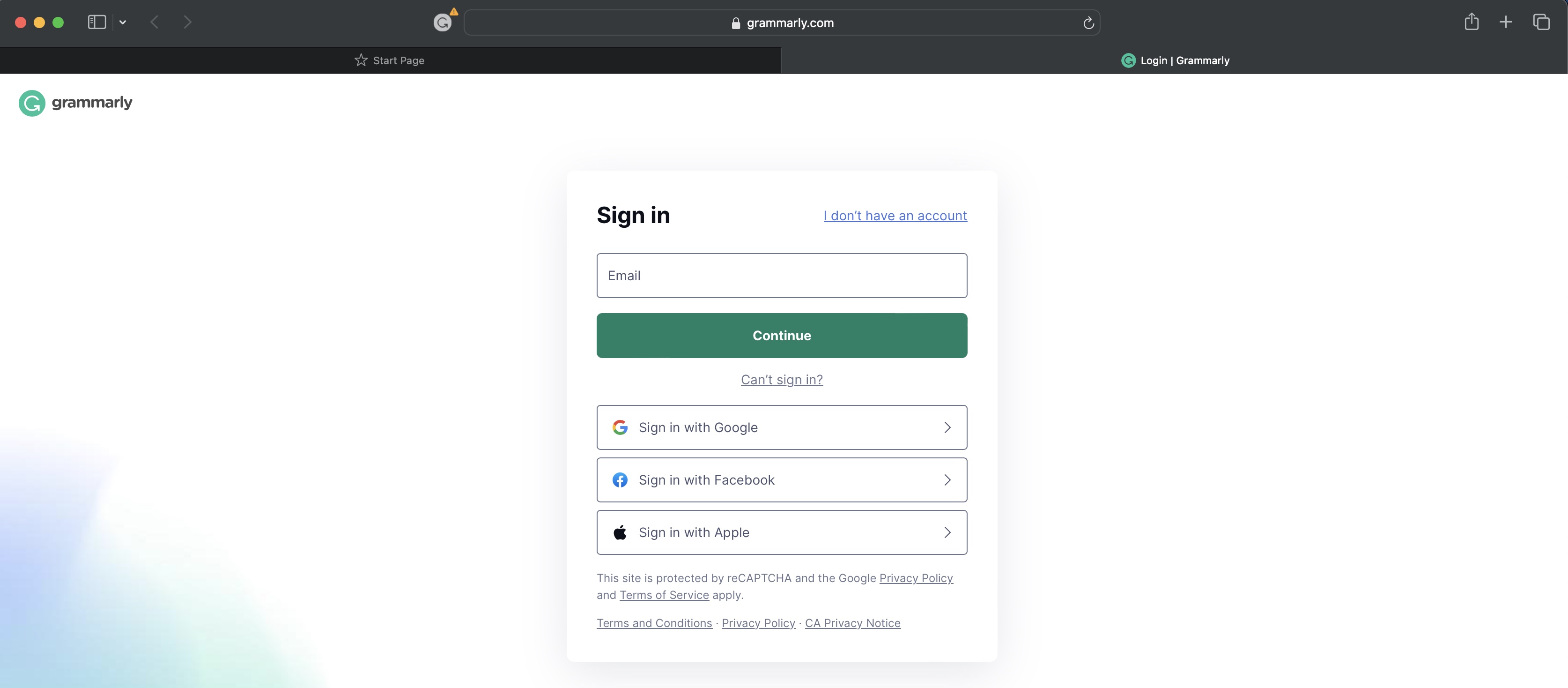 Figure 7: Safari Grammarly Extension Sign up Screen