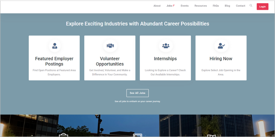 Job portal interface showing featured employer, volunteer, internship, and hiring pathways.