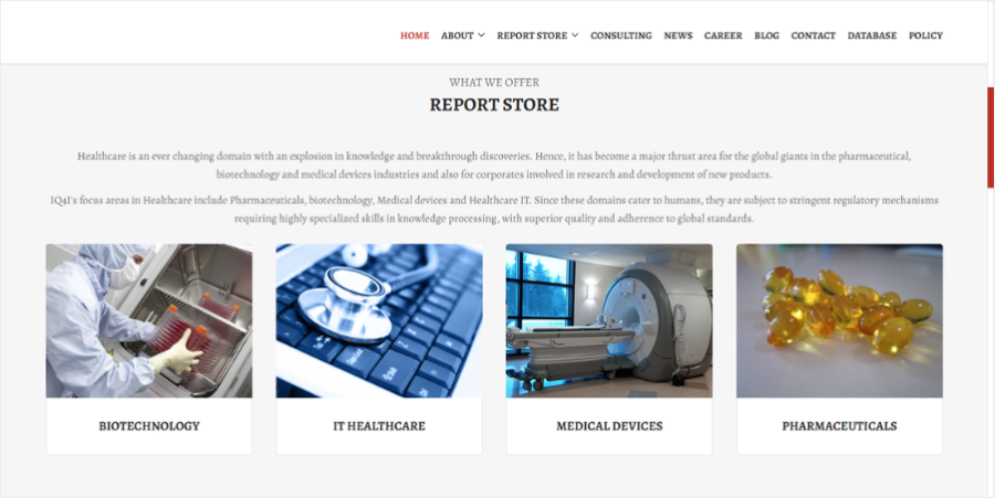 Pharmaceutical website showing research and technology report categories.