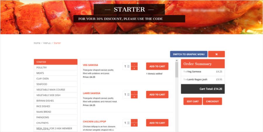 Restaurant ordering interface showing menu selection and checkout workflows.