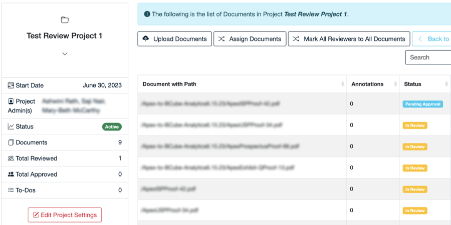 Document review workspace showing project progress, review actions, and document statuses.