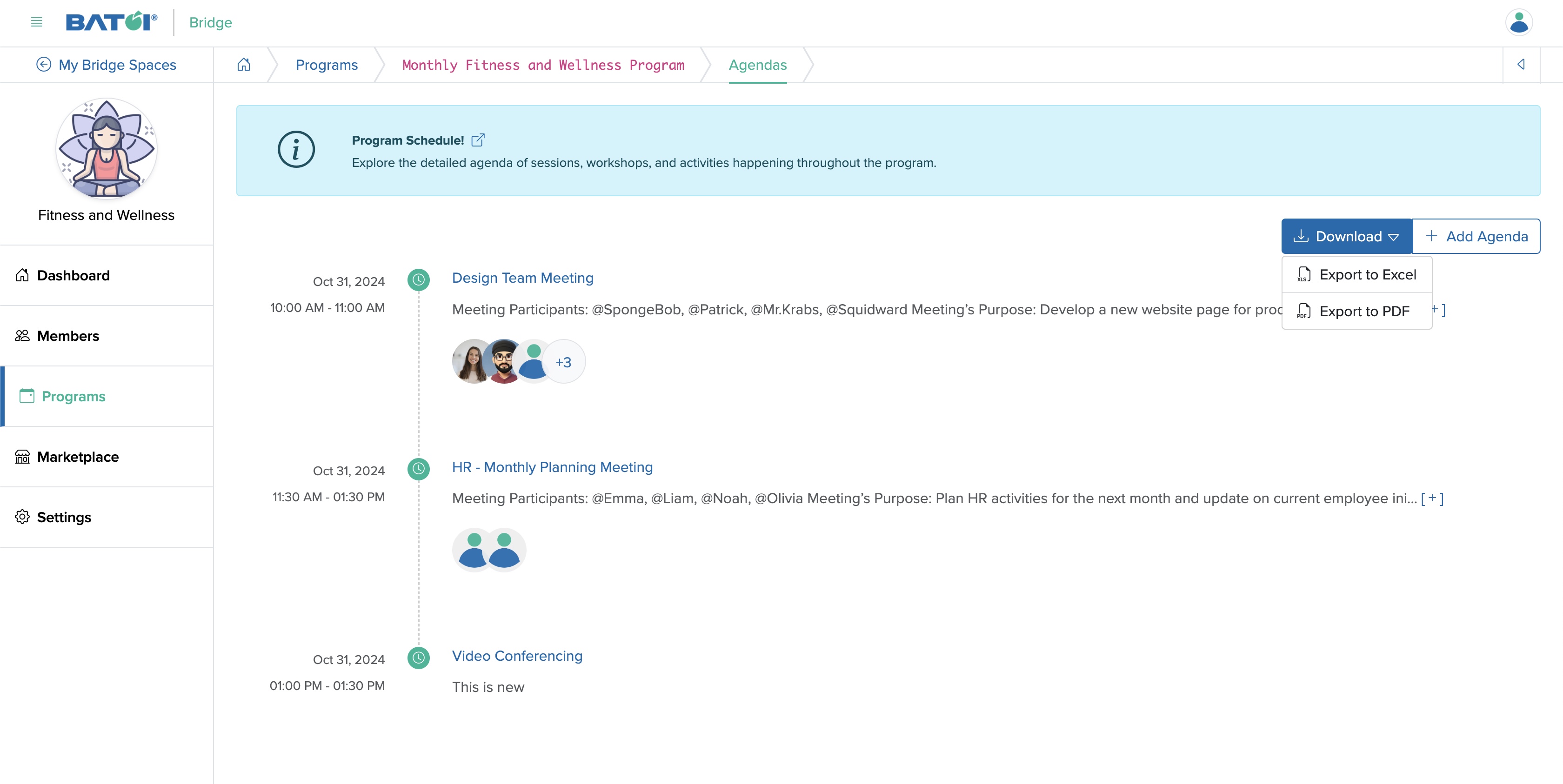 Figure 32: Individual Bridge Manager Control Panel Program Agenda Export Screen