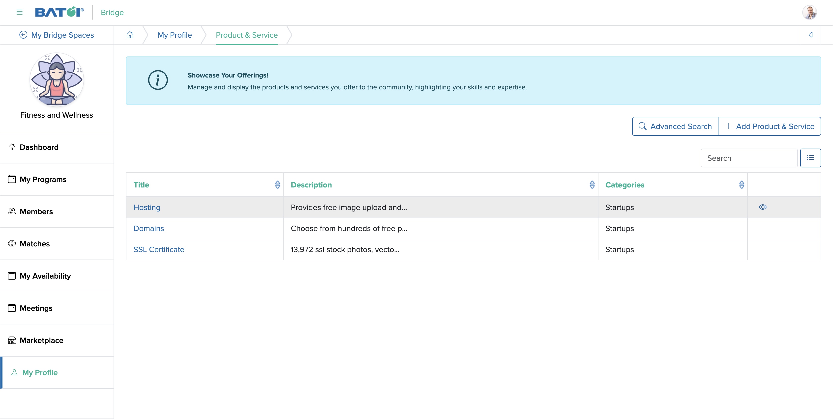 Figure 4: Individual Bridge Member Control Panel Product and Service List Screen