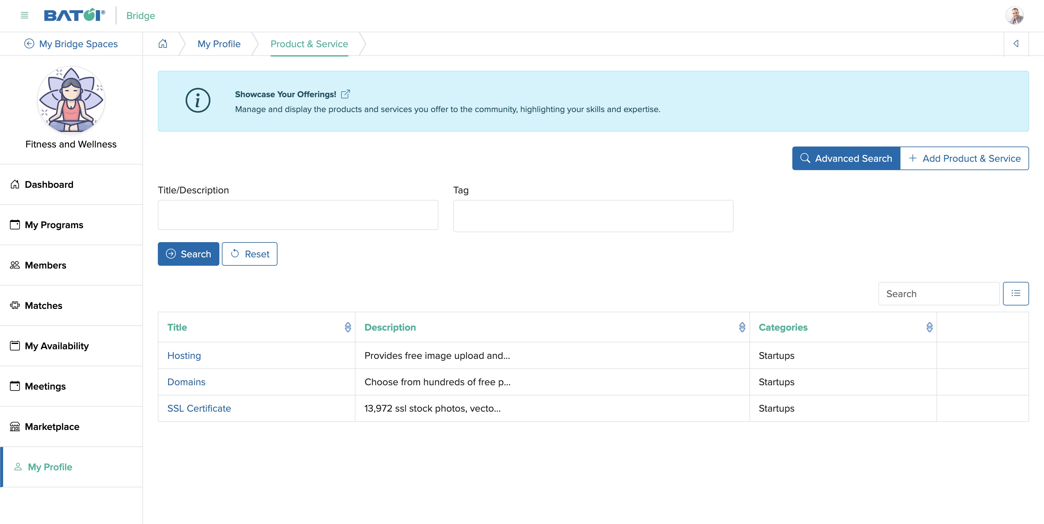 Figure 5: Individual Bridge Member Control Panel Product and Service Advanced Search Screen