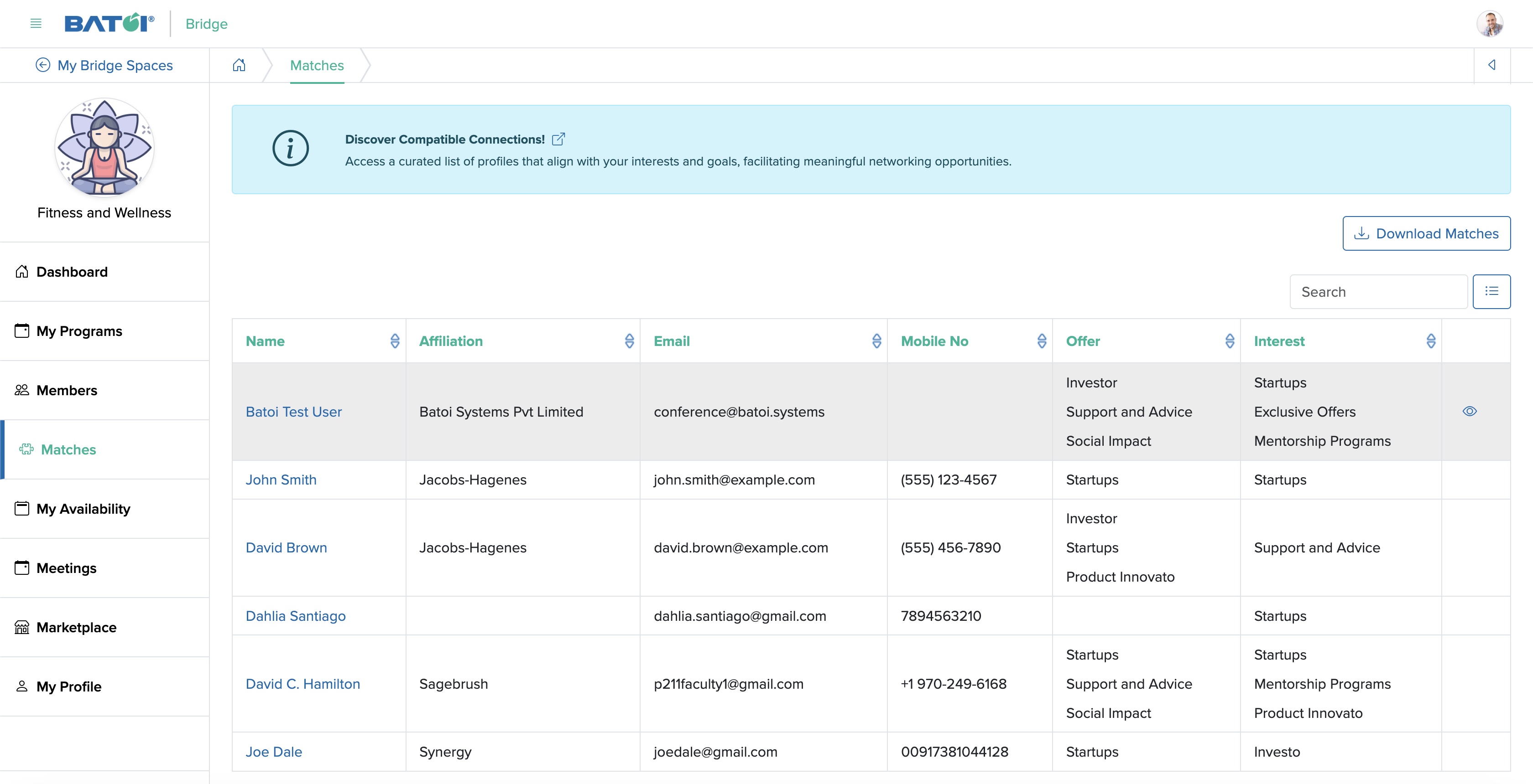 Figure 2: Individual Bridge Member Control Panel Matches List Screen